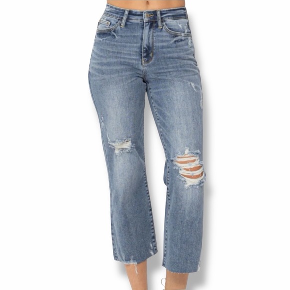 Judy Blue Denim - Judy Blue High Rise Distressed Wide Leg Crop Jeans Size 30